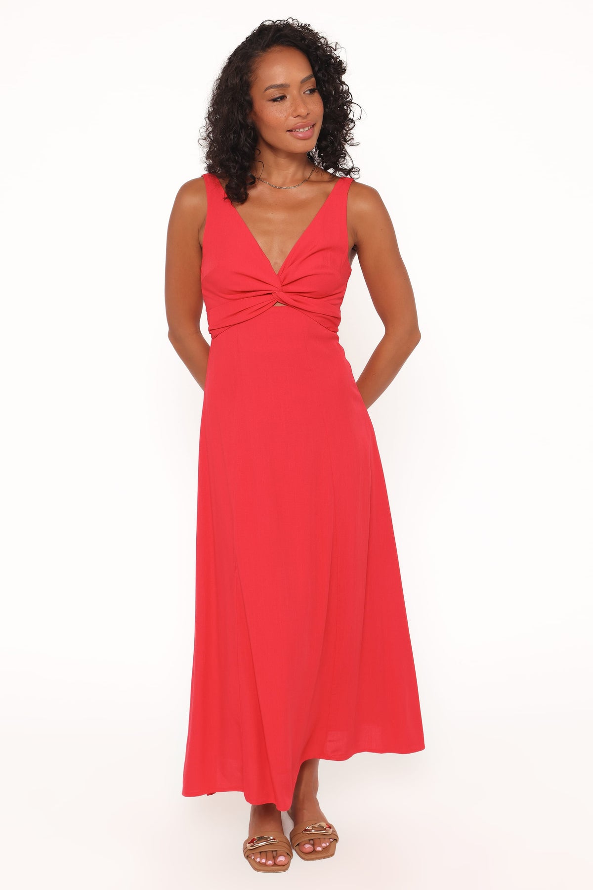 Midi Dress - Red V Neck