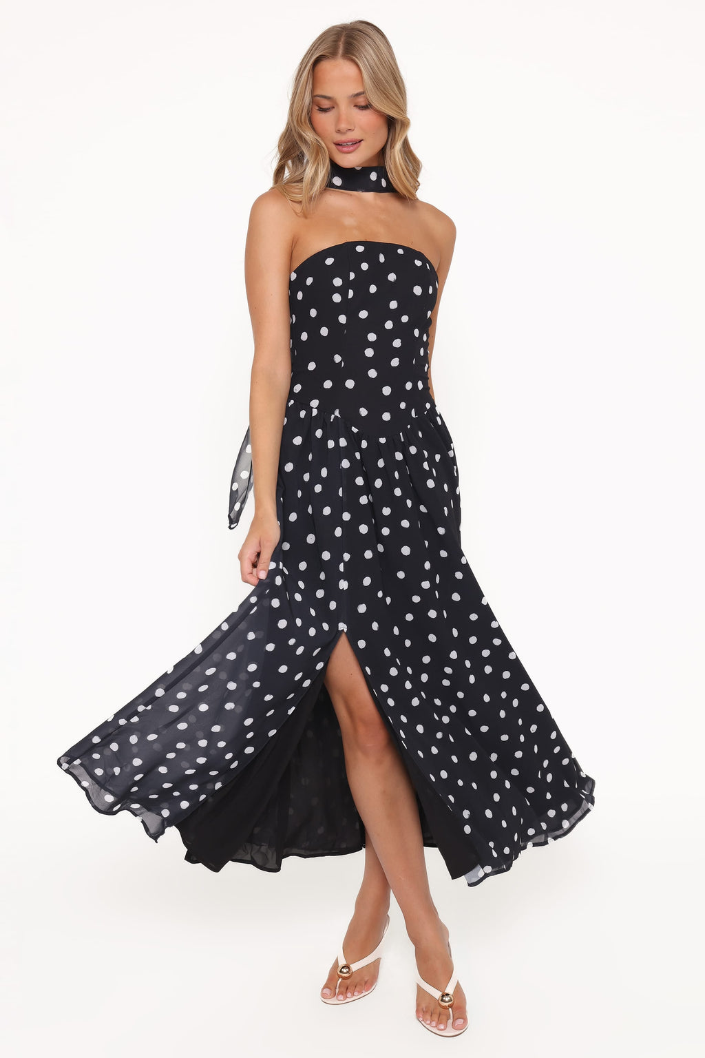 Strapless Maxi Dress - Black Polka Dot
