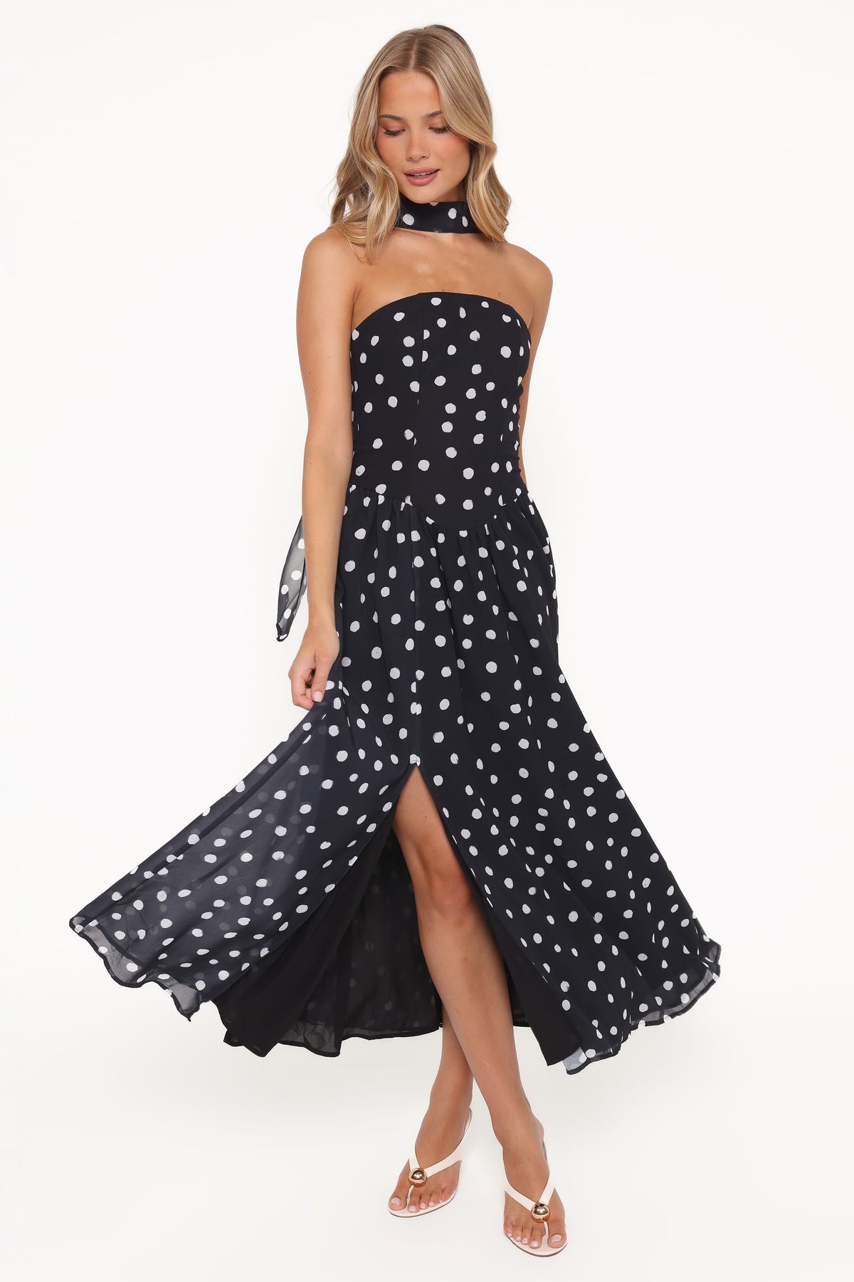 Strapless Maxi Dress - Black Polka Dot