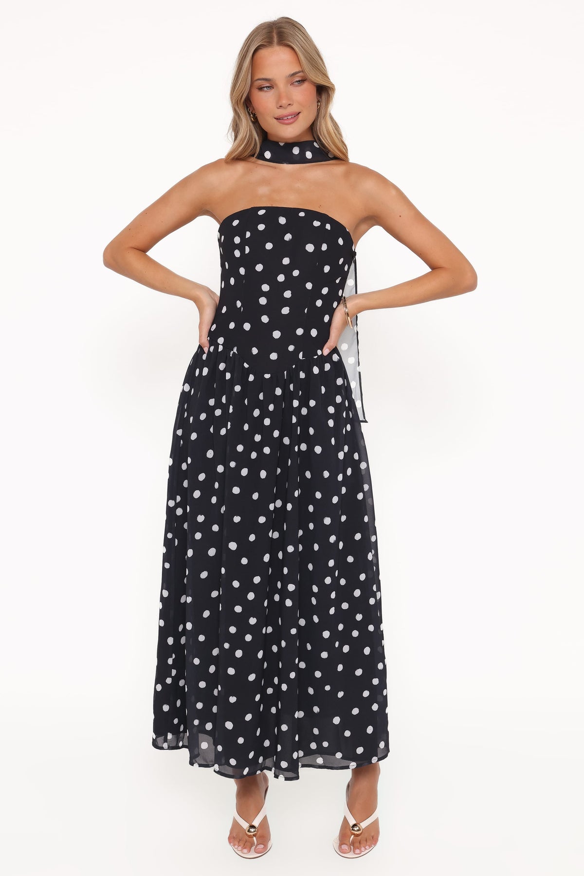 Strapless Maxi Dress - Black Polka Dot