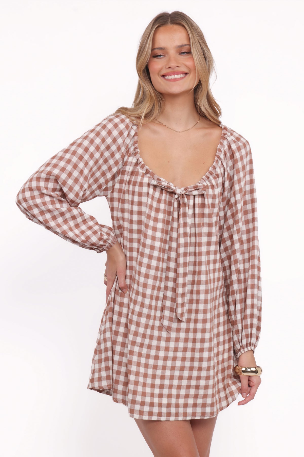 Mini Dress - Tan Gingham