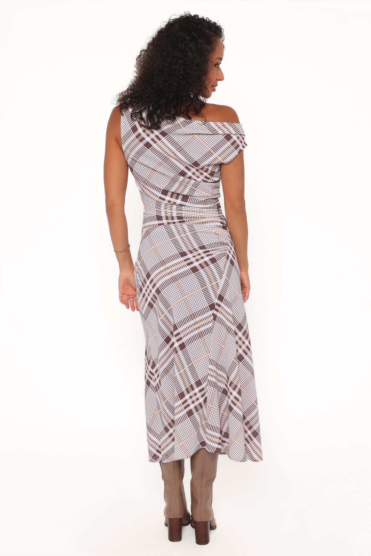 Off Shoulder Midi Dress - Plaid