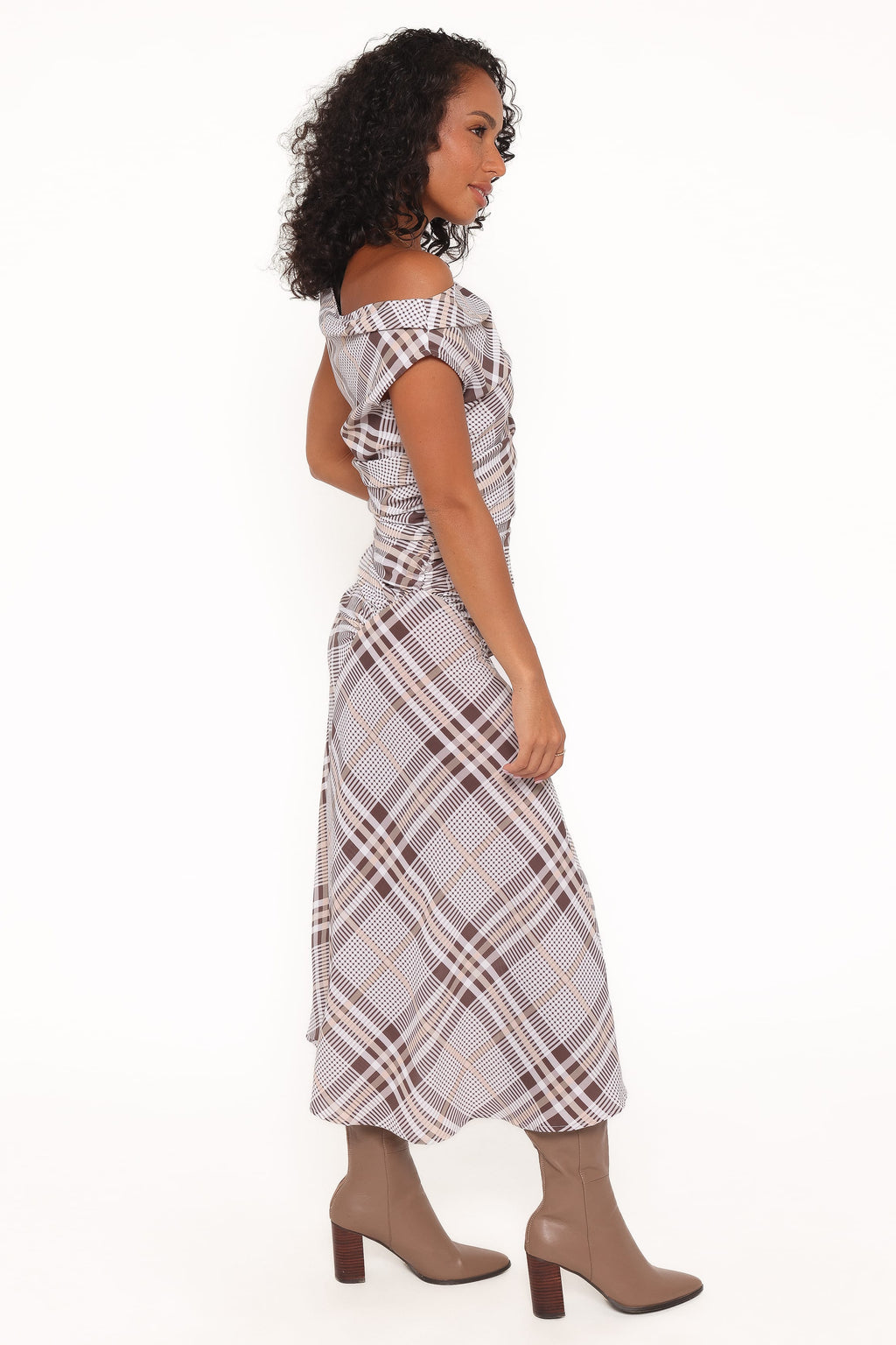 Off Shoulder Midi Dress - Plaid