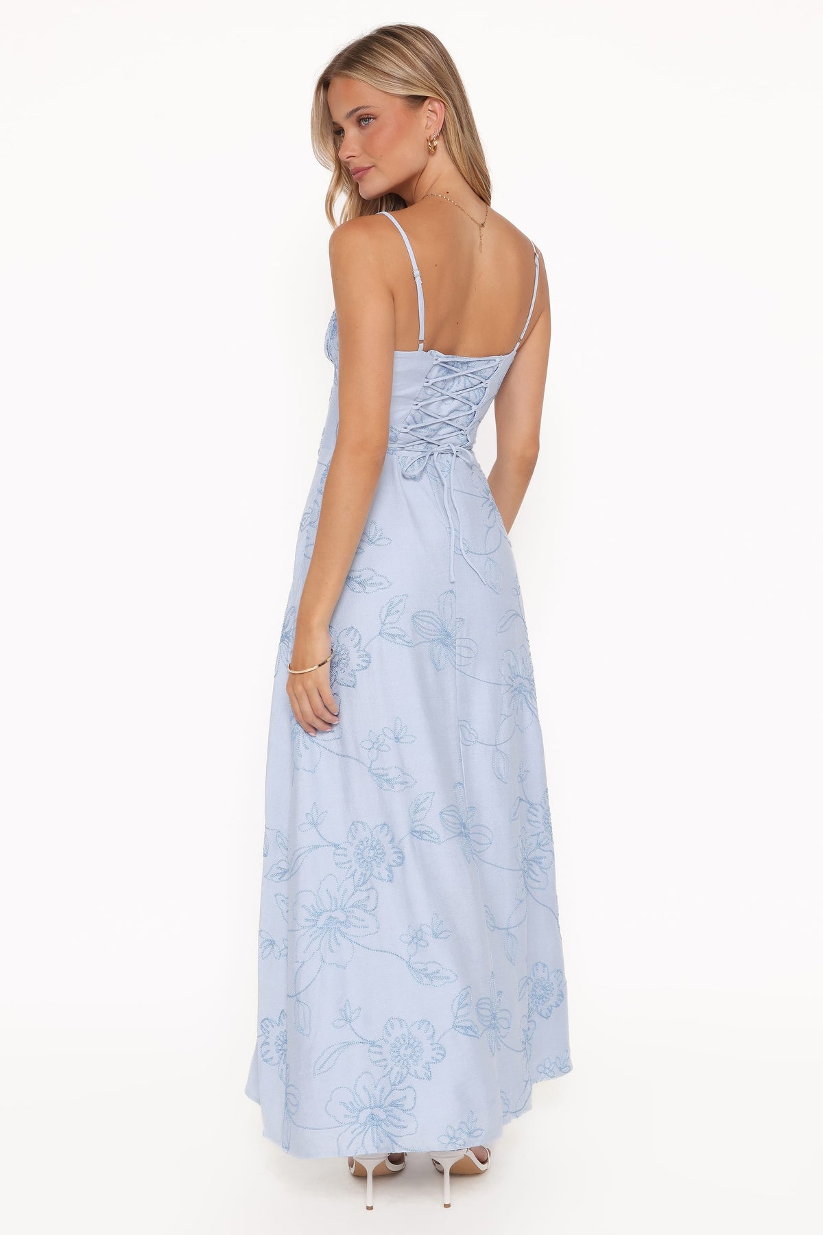 Maxi Dress - Blue Floral Embroidered