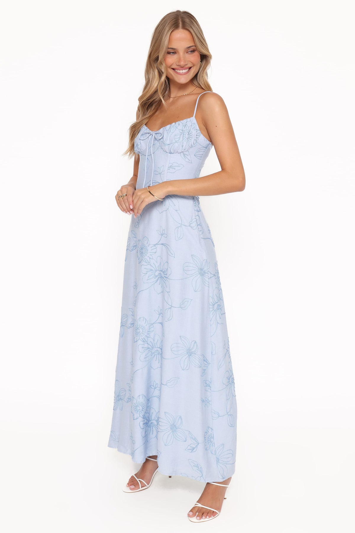 Maxi Dress - Blue Floral Embroidered