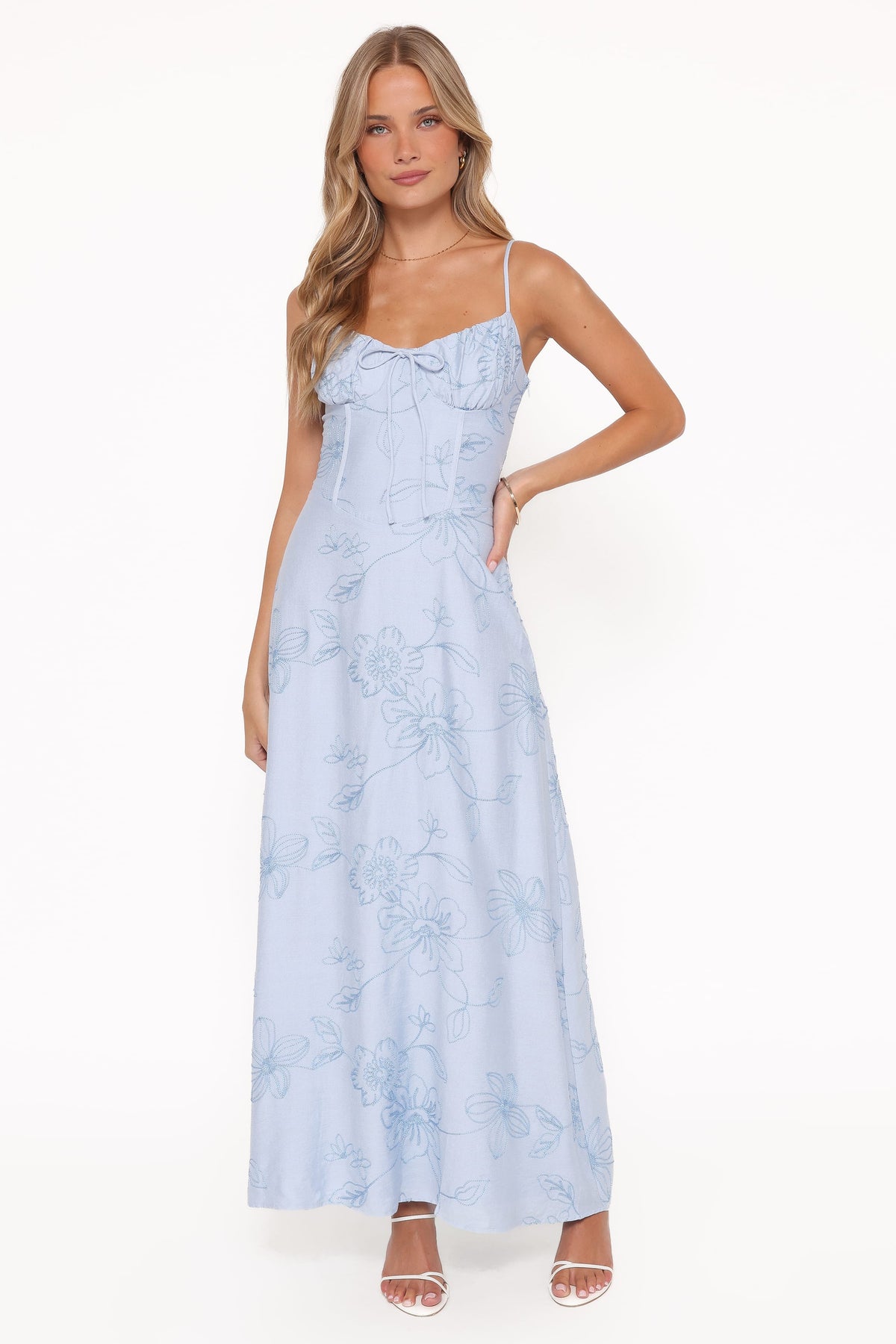 Maxi Dress - Blue Floral Embroidered