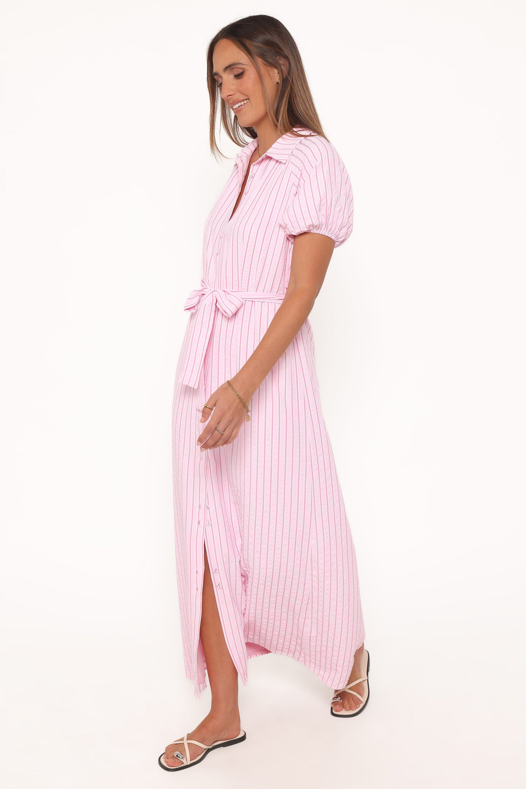 Button Through Maxi Dress - Pink Stripe