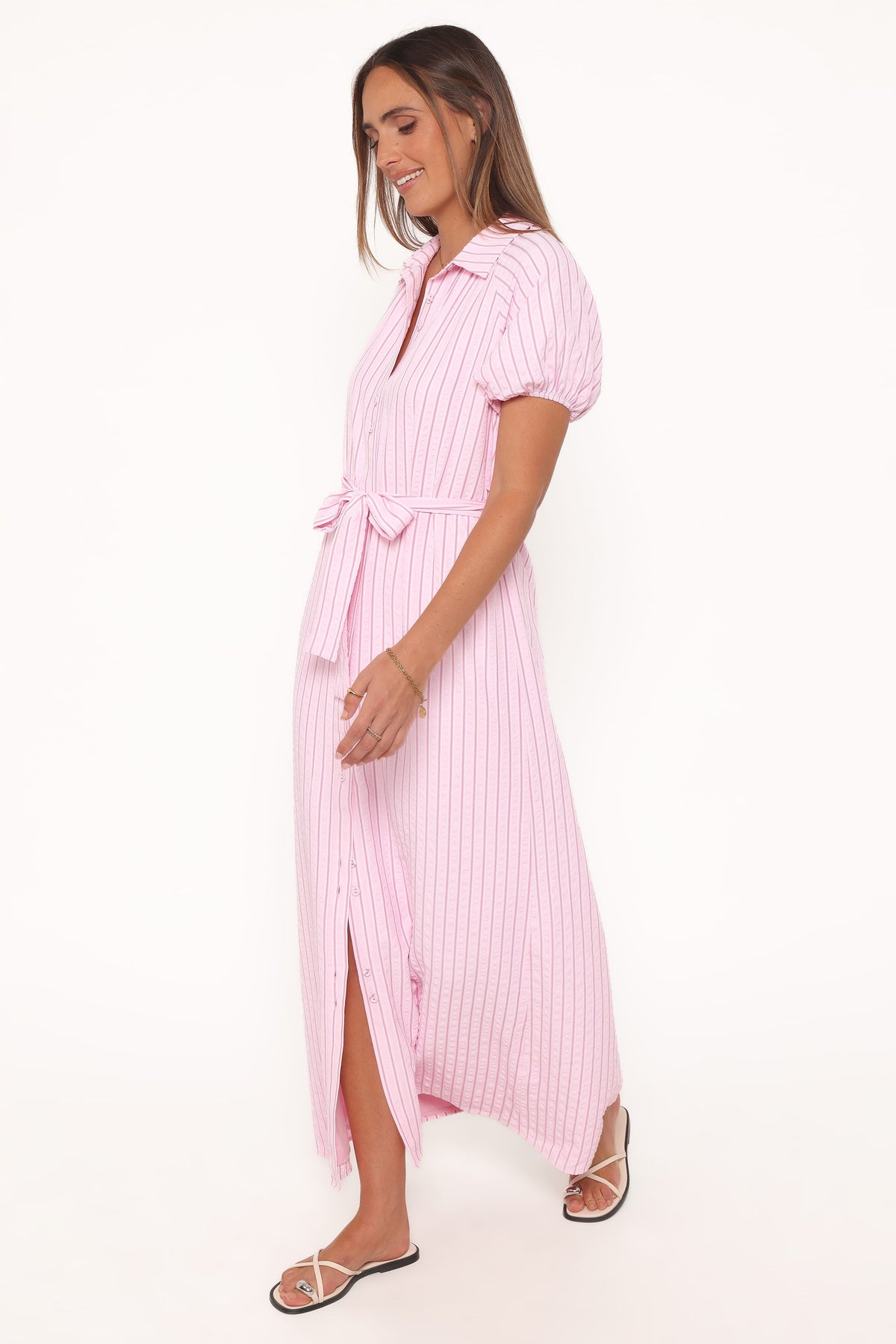 Button Through Maxi Dress - Pink Stripe