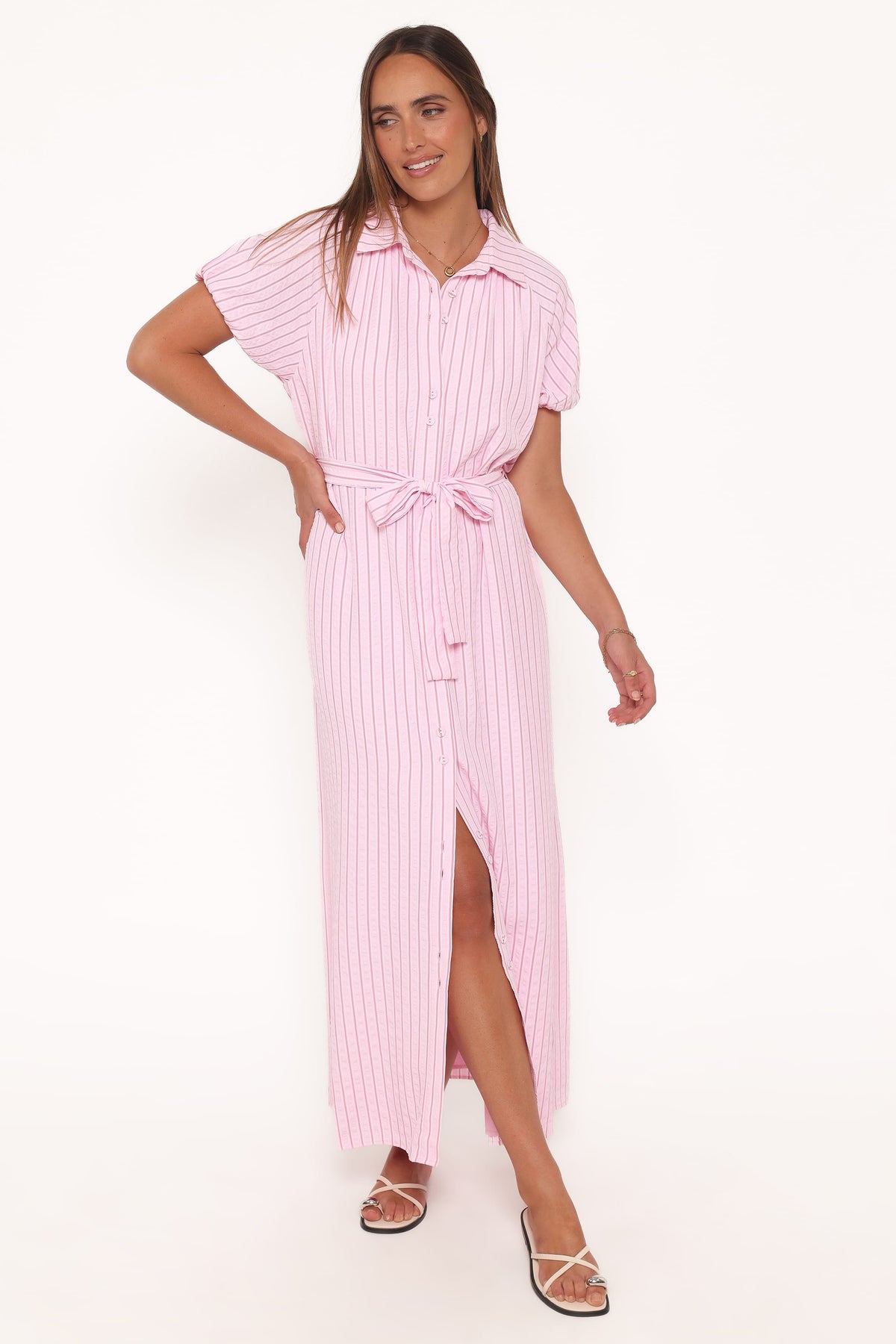 Button Through Maxi Dress - Pink Stripe