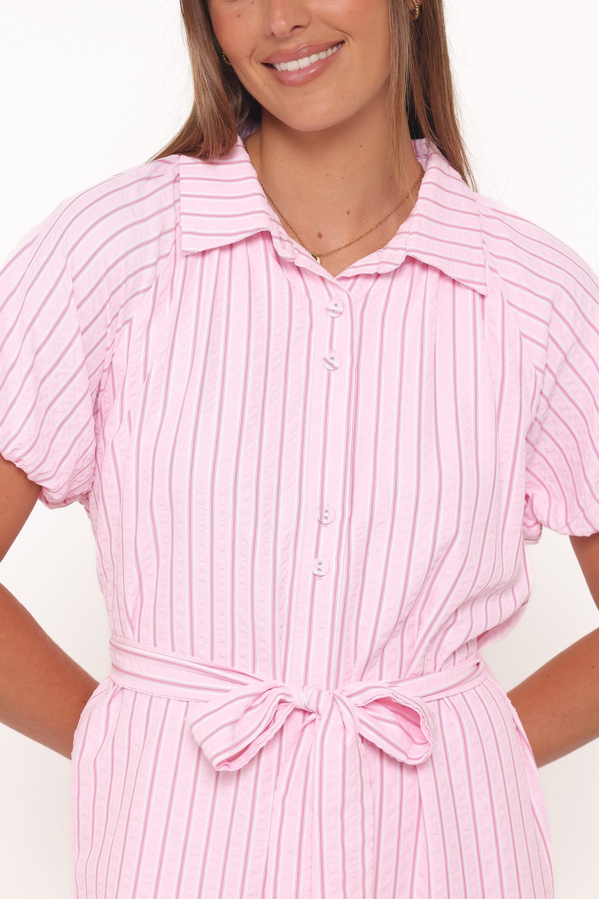 Button Through Maxi Dress - Pink Stripe