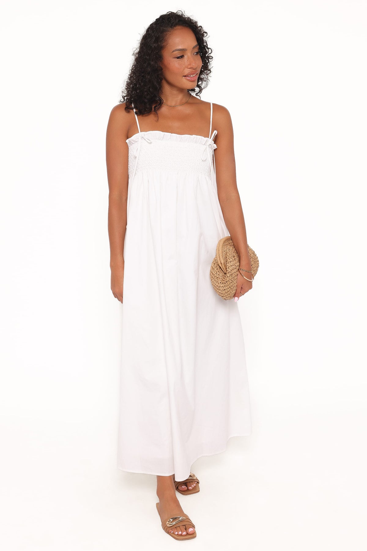 Maxi Dress - White Shirred Bust