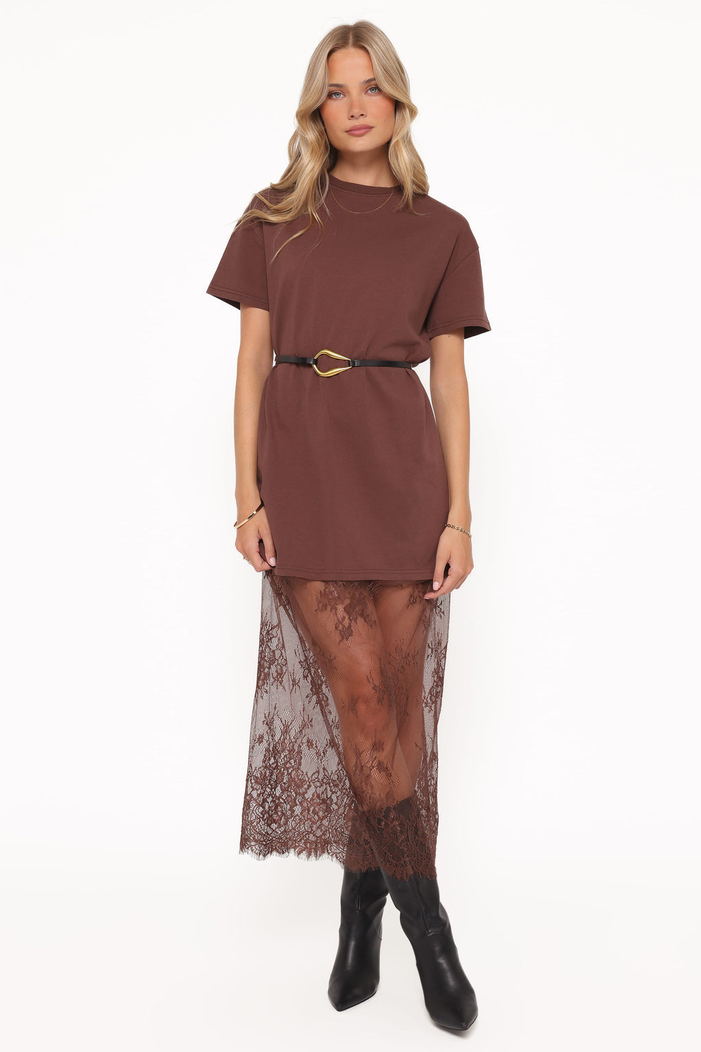Short Sleeve Lace Maxi Dress - Brown