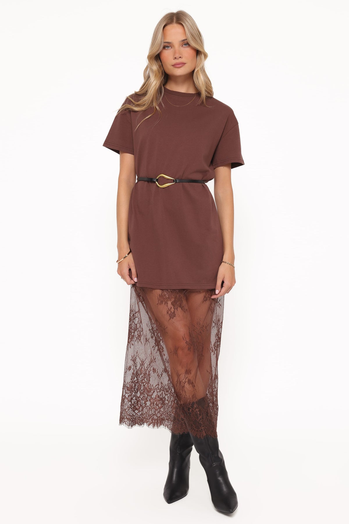 Short Sleeve Lace Maxi Dress - Brown