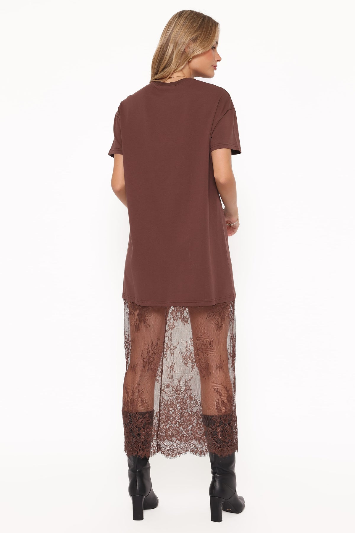 Short Sleeve Lace Maxi Dress - Brown