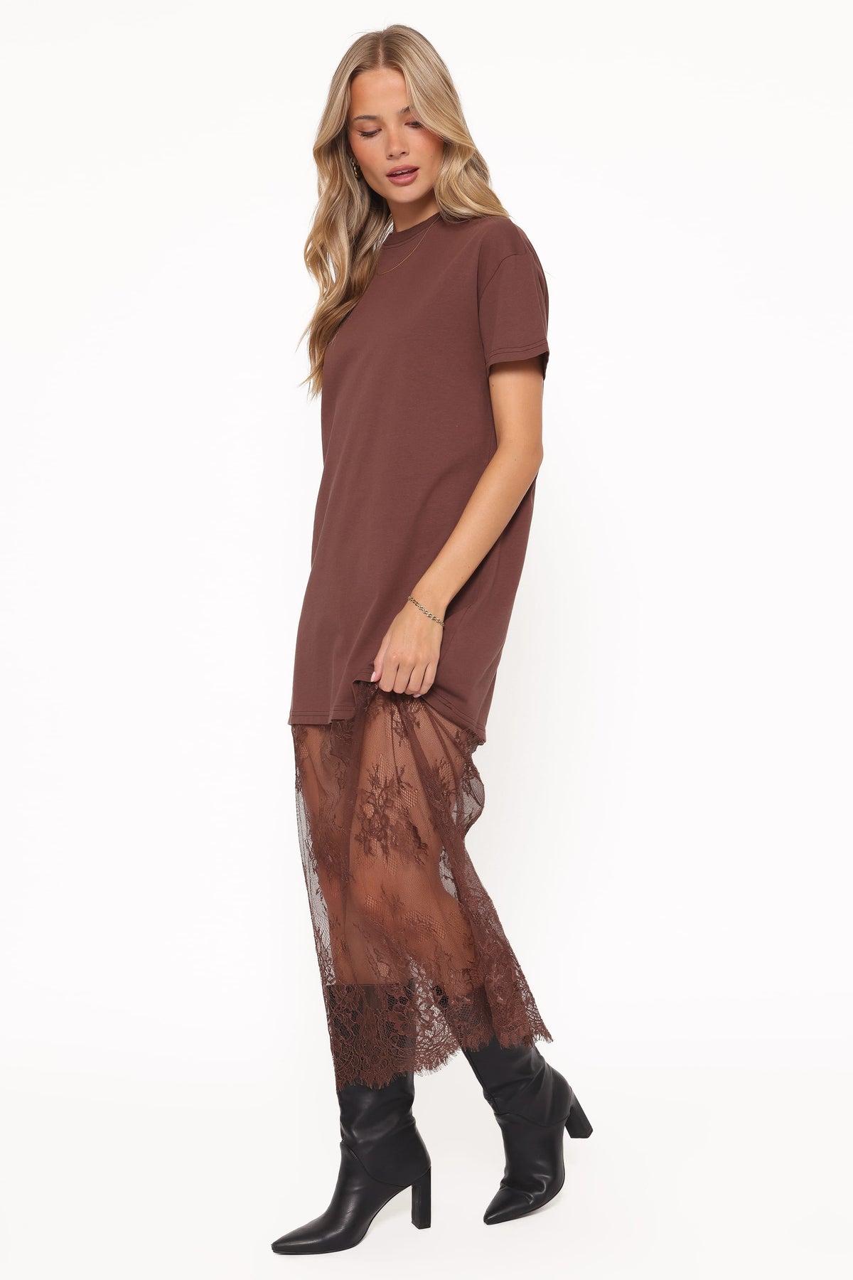 Short Sleeve Lace Maxi Dress - Brown