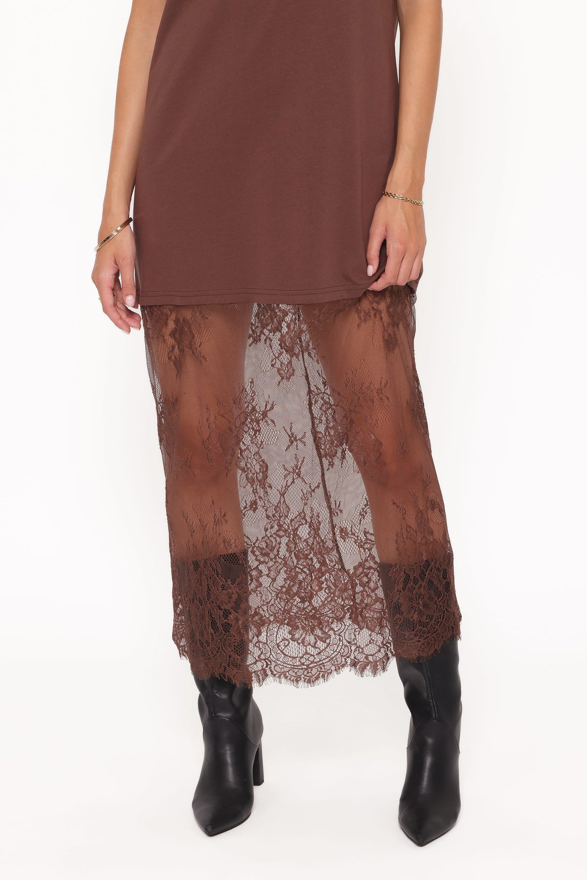 Short Sleeve Lace Maxi Dress - Brown