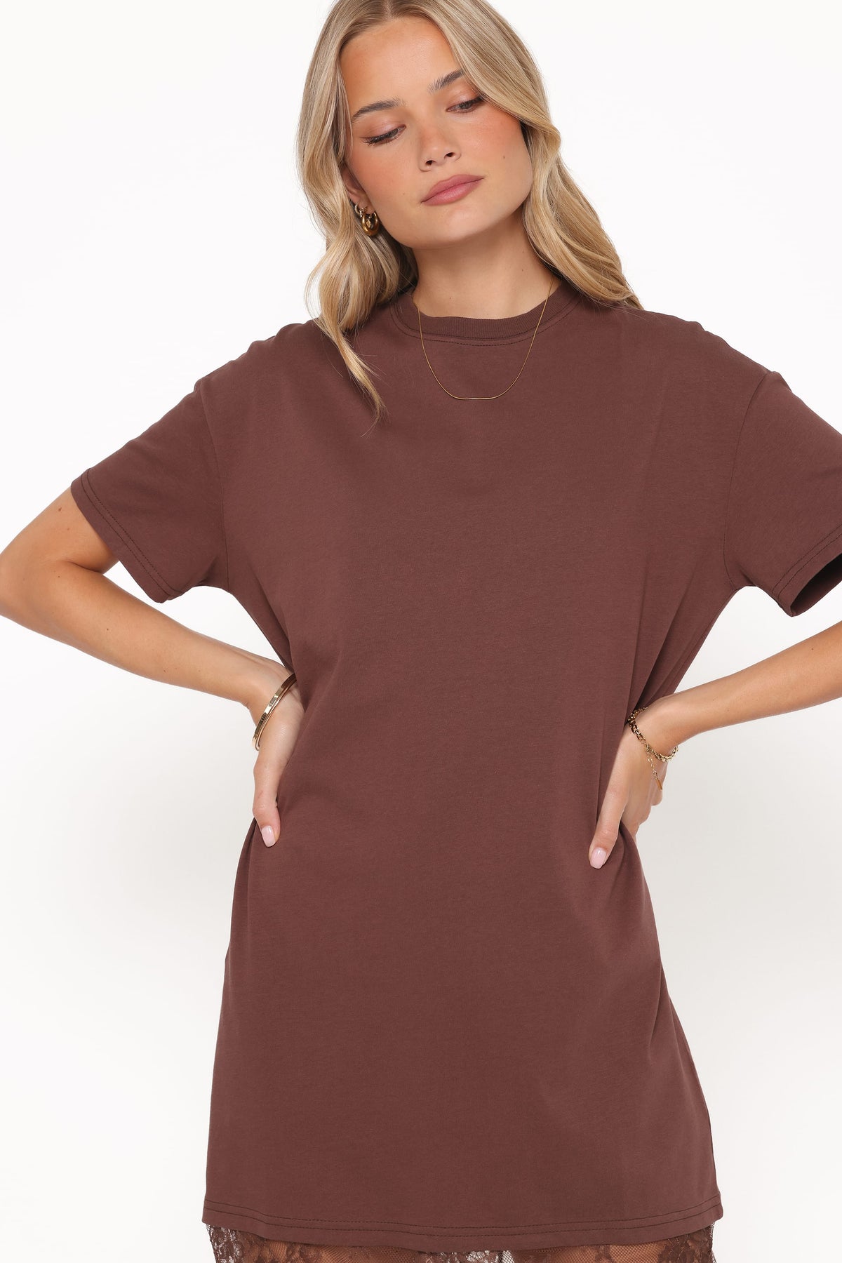 Short Sleeve Lace Maxi Dress - Brown
