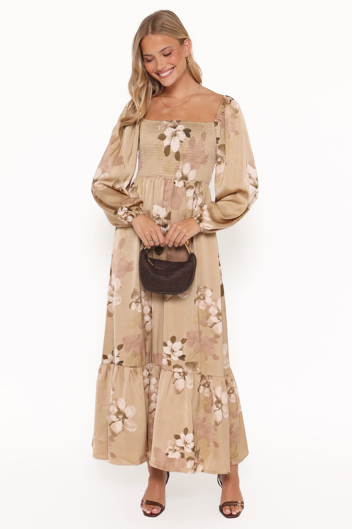 Long Sleeve Maxi Dress - Brown Floral
