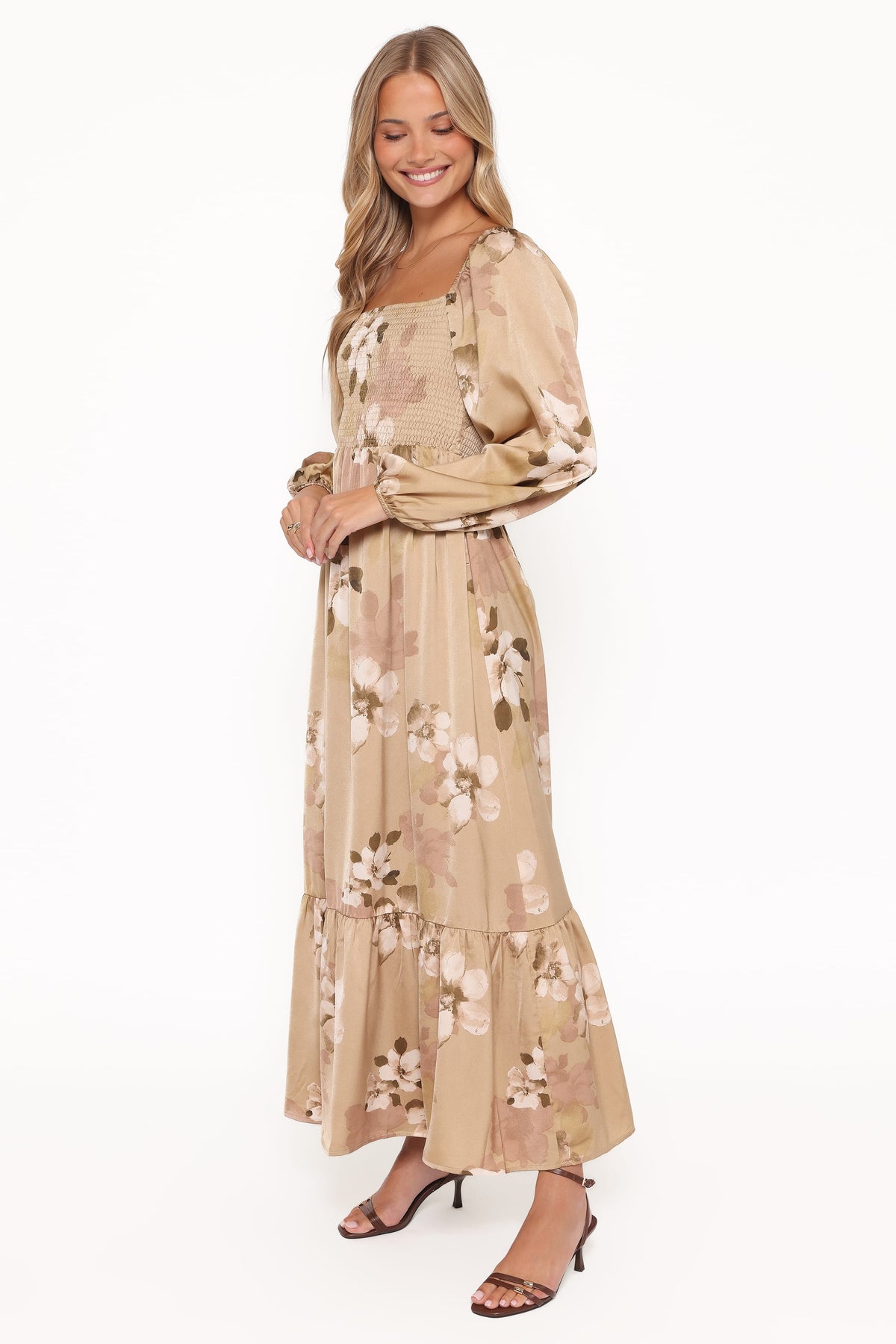 Long Sleeve Maxi Dress - Brown Floral