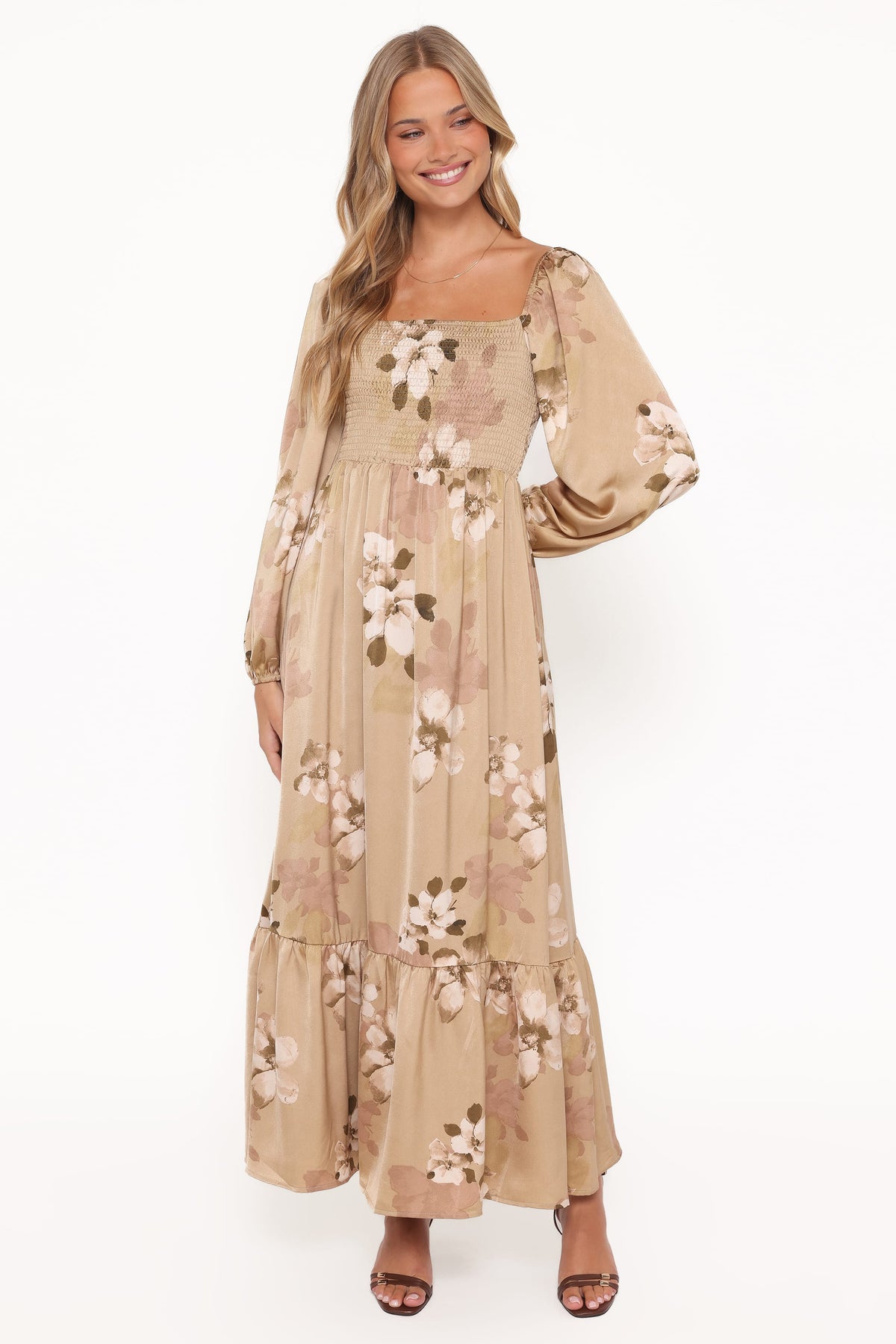 Long Sleeve Maxi Dress - Brown Floral