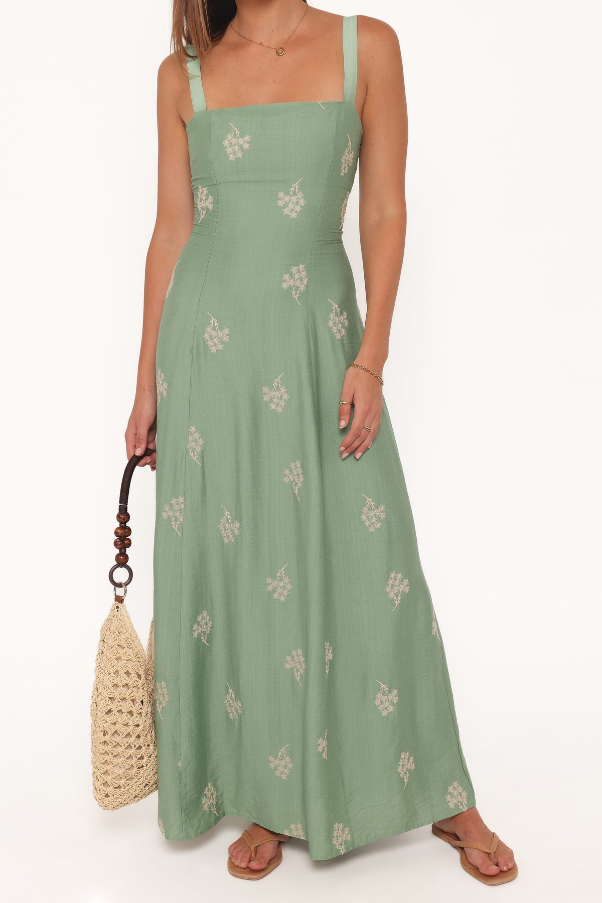 Maxi Dress - Green Embroidered Floral