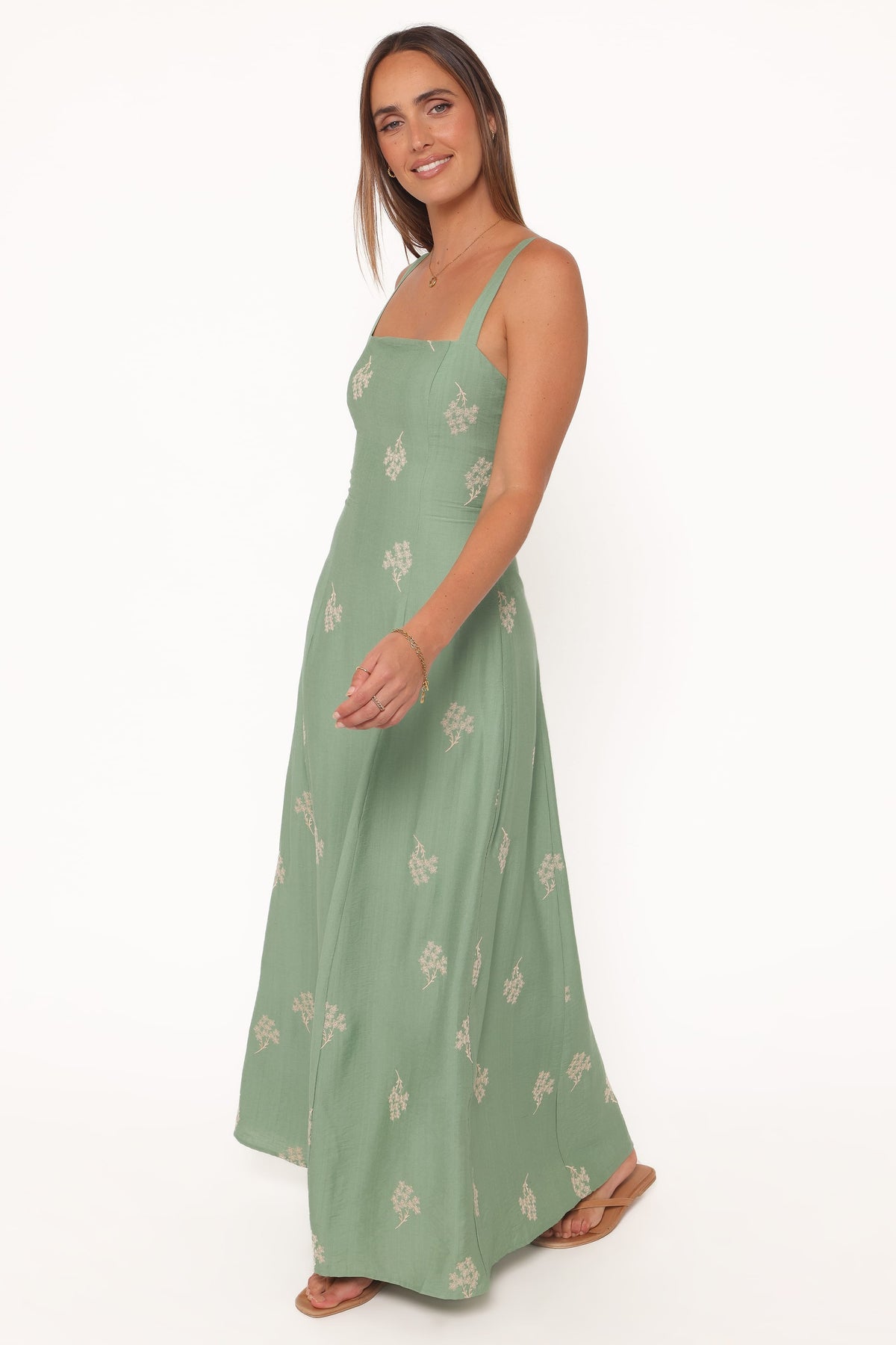Maxi Dress - Green Embroidered Floral