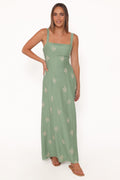 Maxi Dress - Green Embroidered Floral