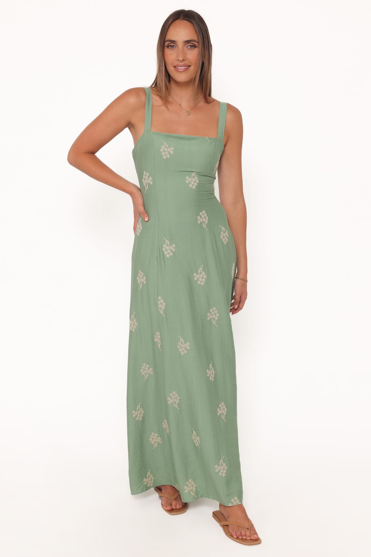 Maxi Dress - Green Embroidered Floral