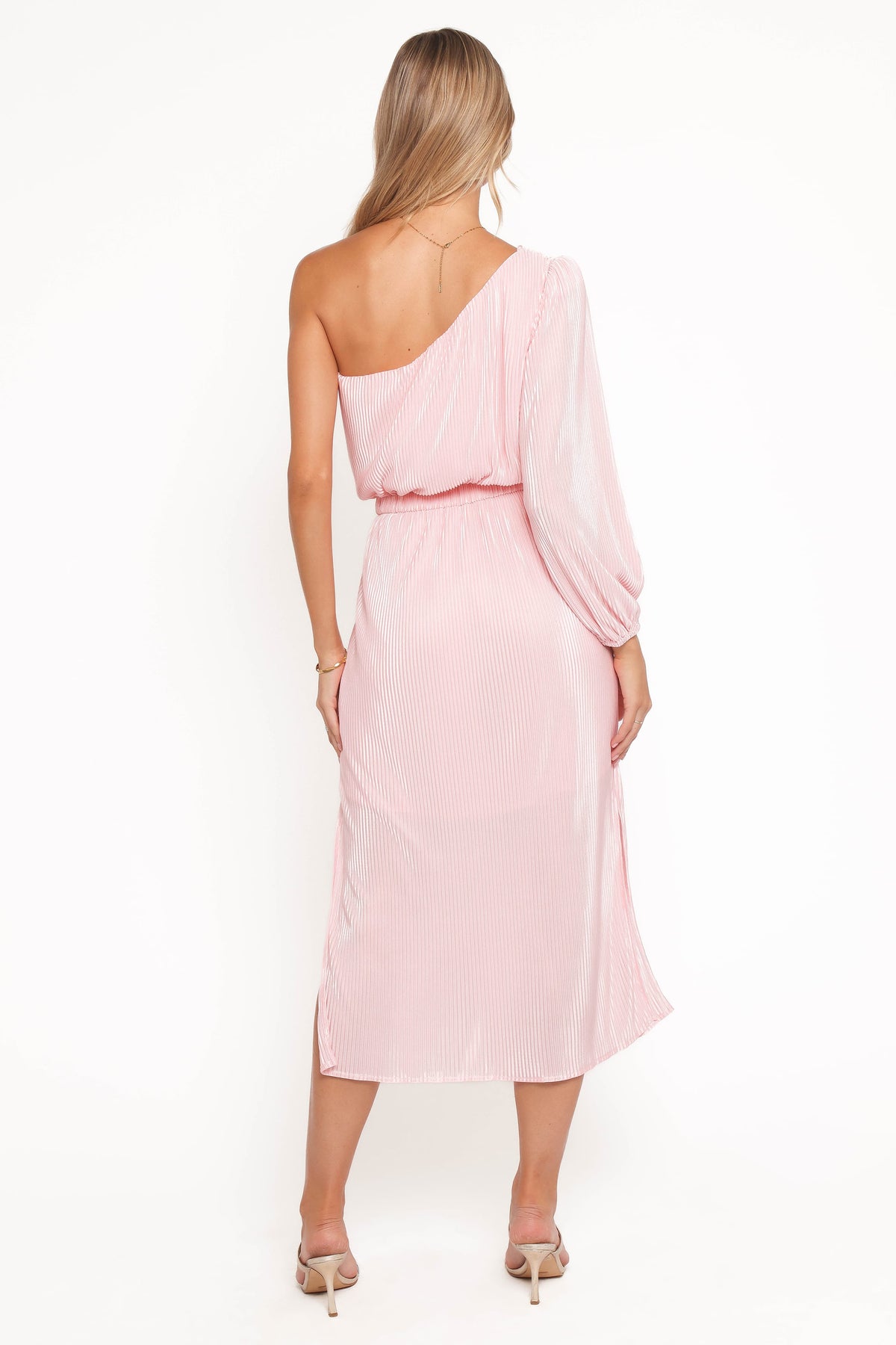 One Shoulder Pleated Midi Dress - Pink