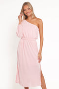 One Shoulder Pleated Midi Dress - Pink