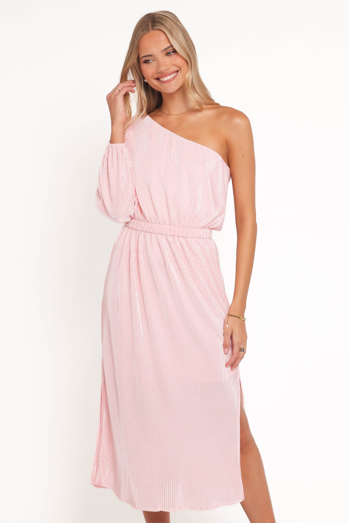 One Shoulder Pleated Midi Dress - Pink