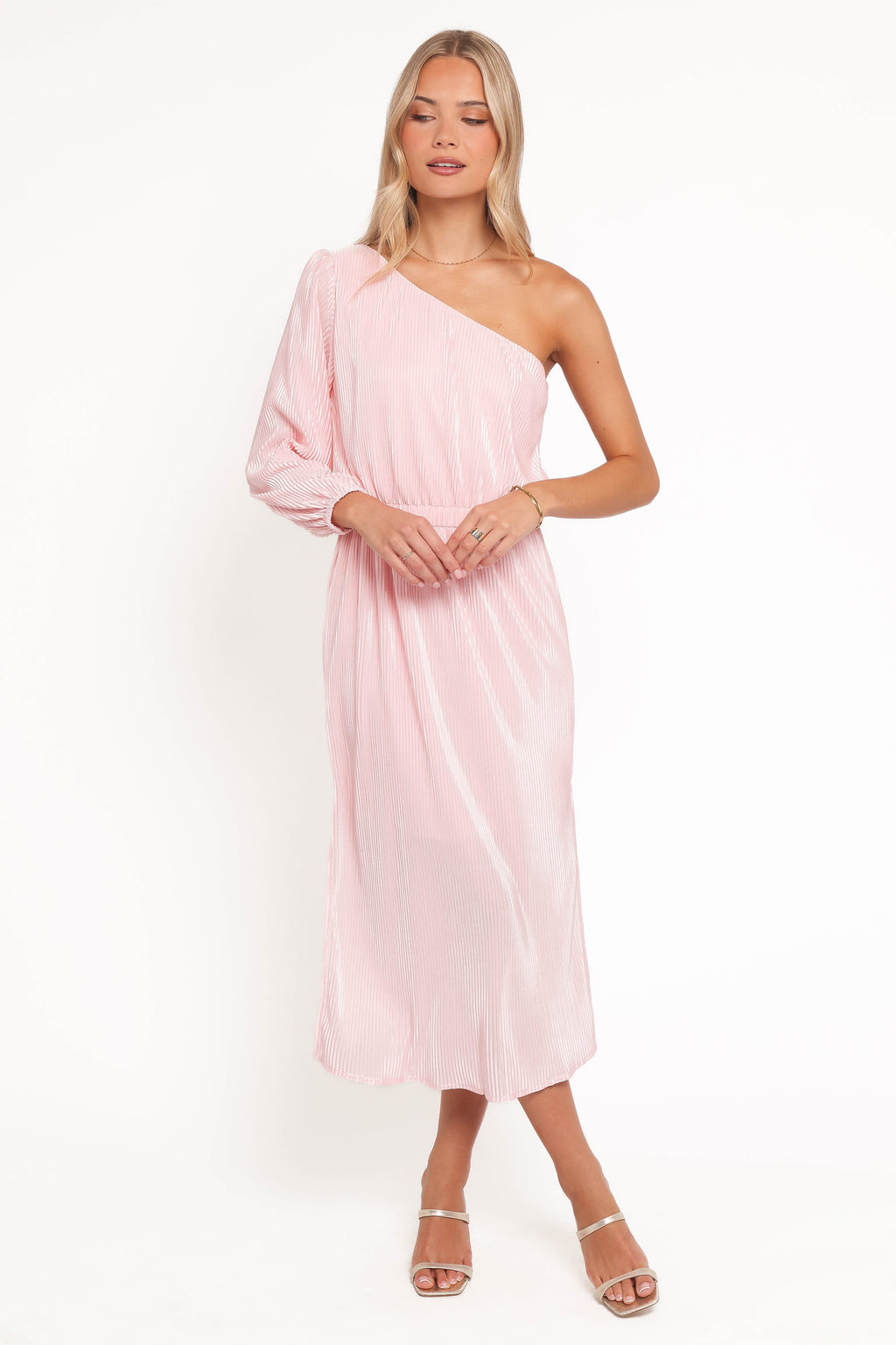 One Shoulder Pleated Midi Dress - Pink