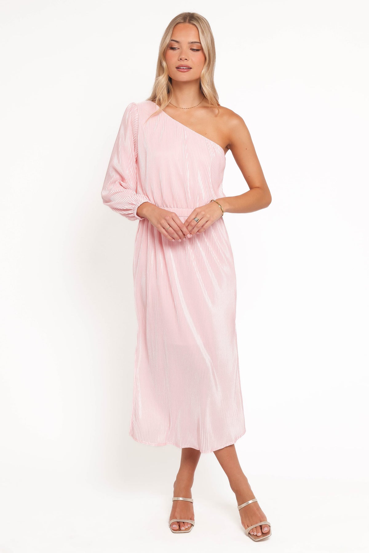 One Shoulder Pleated Midi Dress - Pink