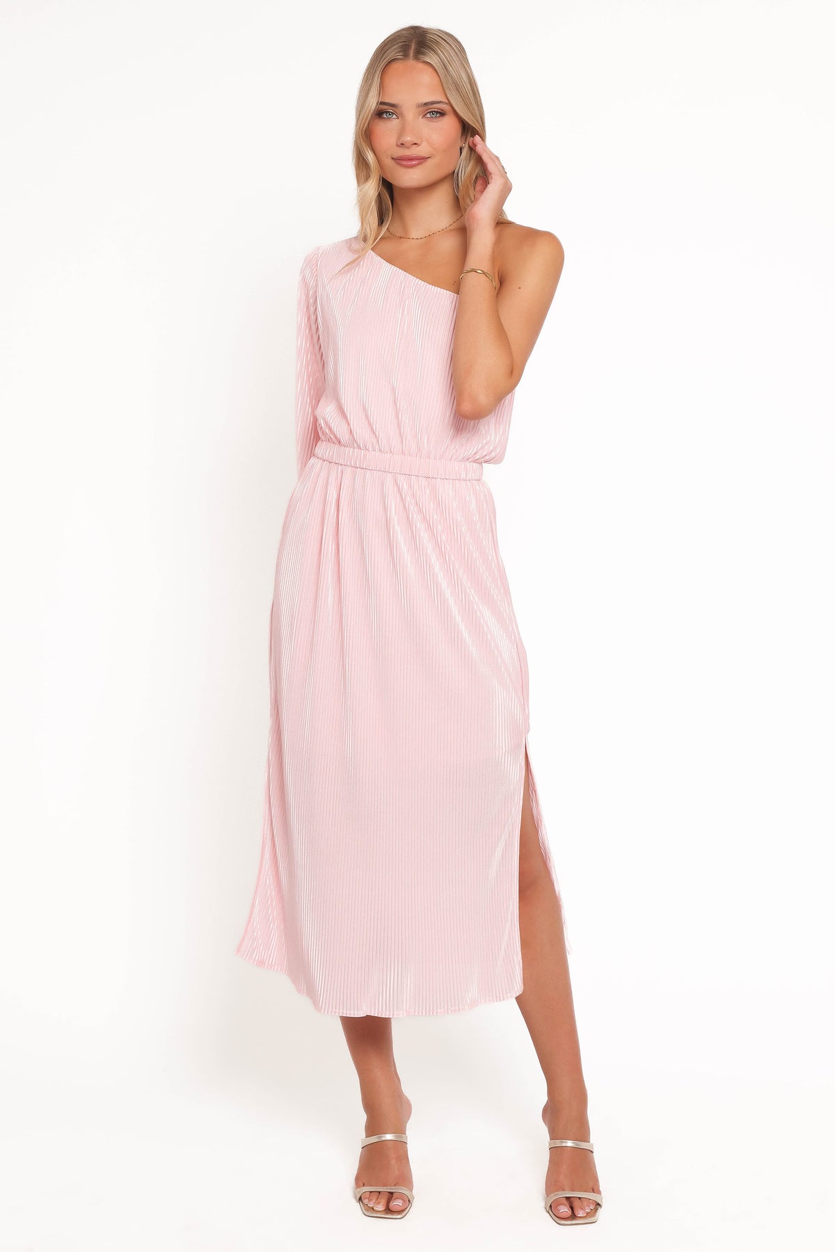 One Shoulder Pleated Midi Dress - Pink