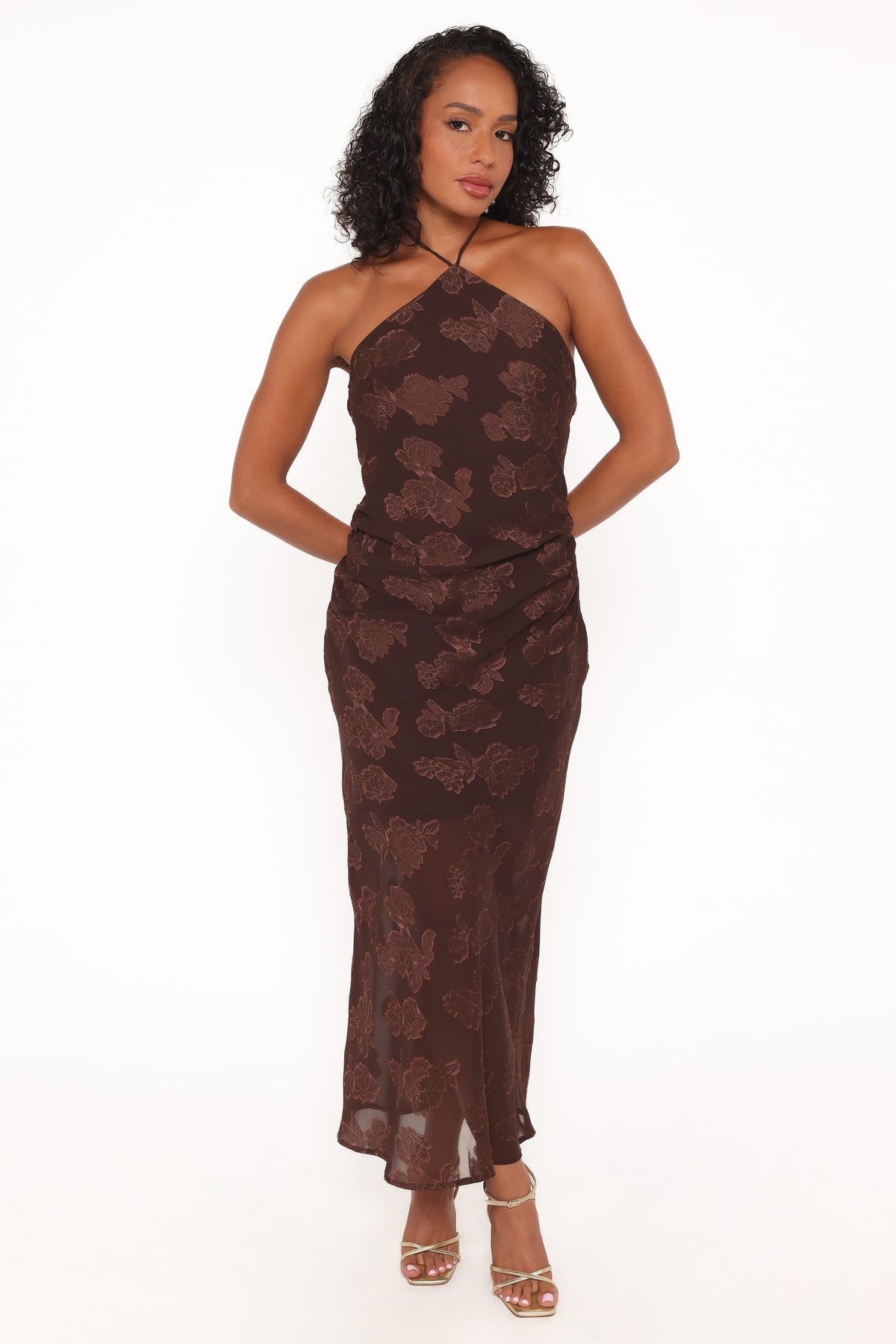 Halterneck Maxi Dress - Brown Floral