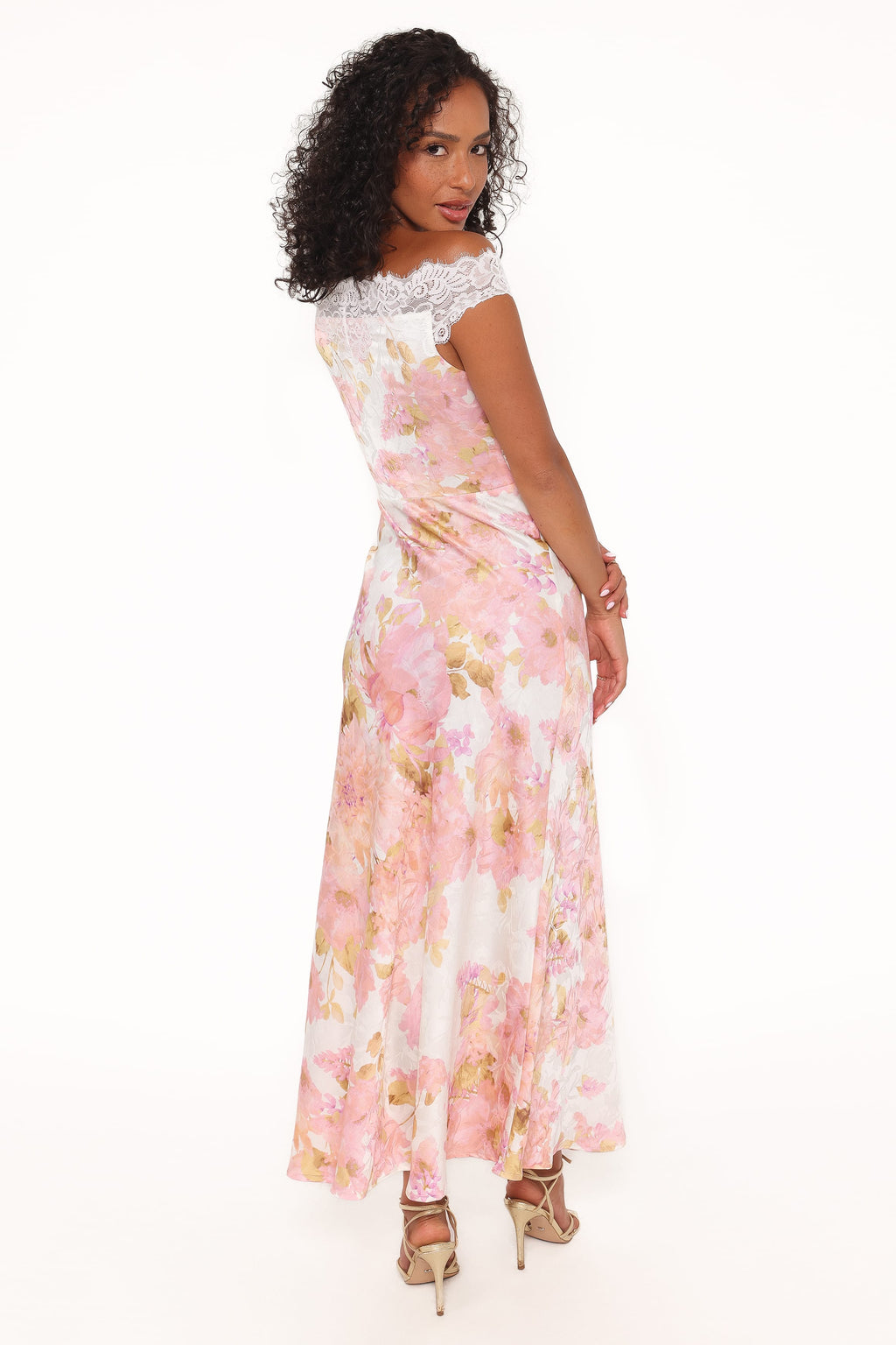 Off Shoulder Lace Maxi Dress - Pink Floral
