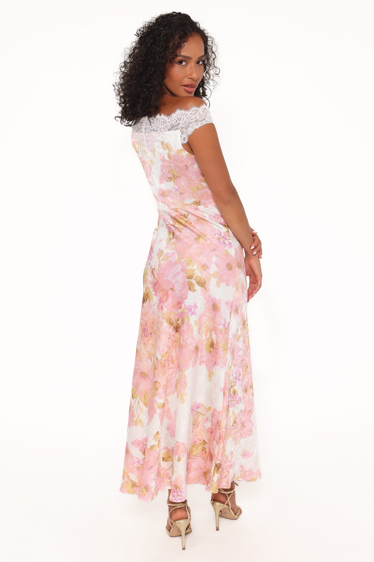 Off Shoulder Lace Maxi Dress - Pink Floral