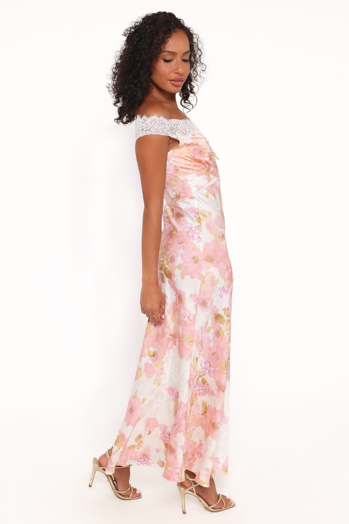 Off Shoulder Lace Maxi Dress - Pink Floral