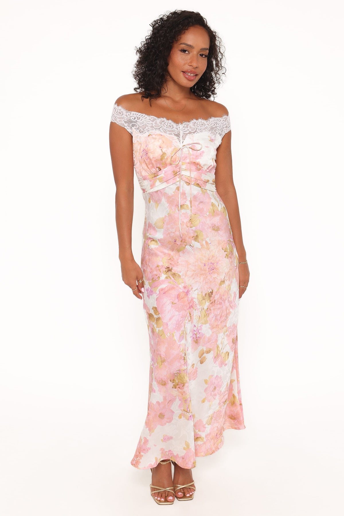 Off Shoulder Lace Maxi Dress - Pink Floral