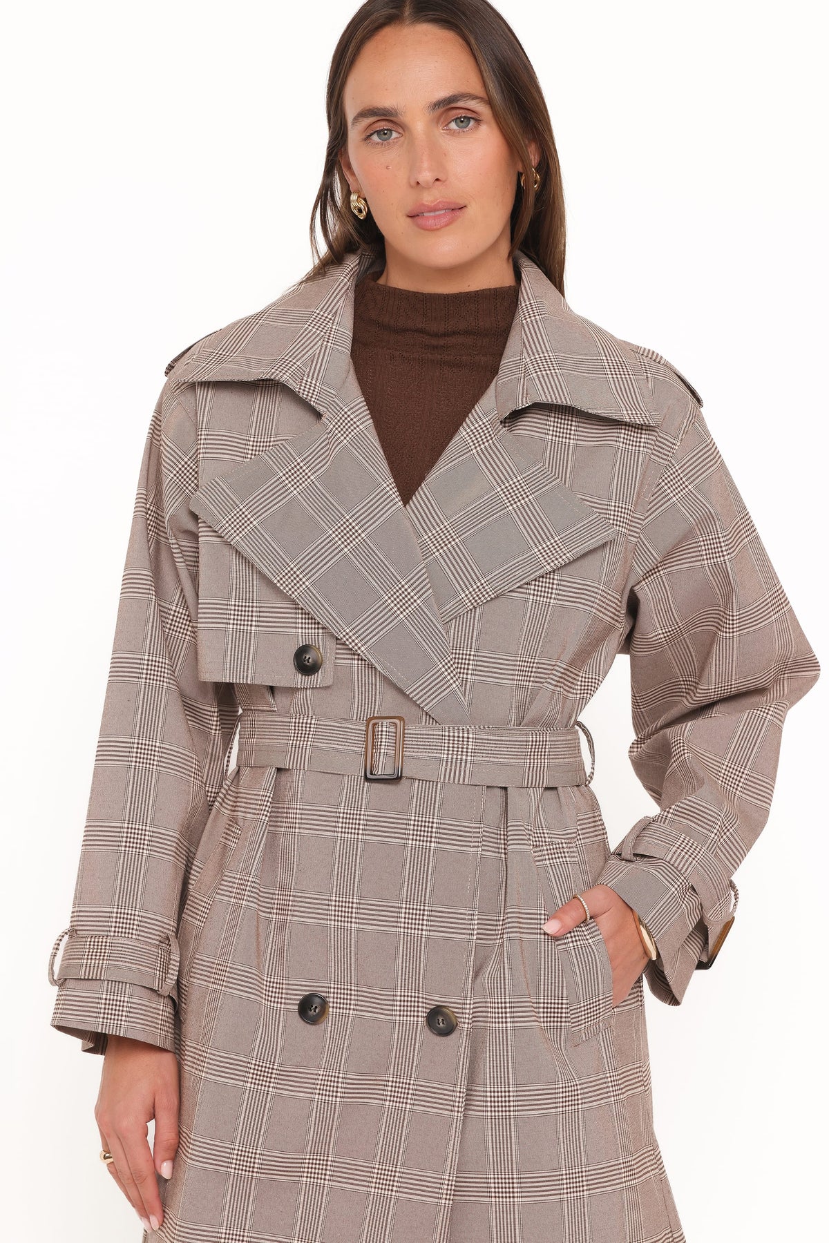 Button Front Trench Coat - Brown Plaid