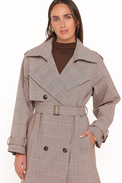 Button Front Trench Coat - Brown Plaid
