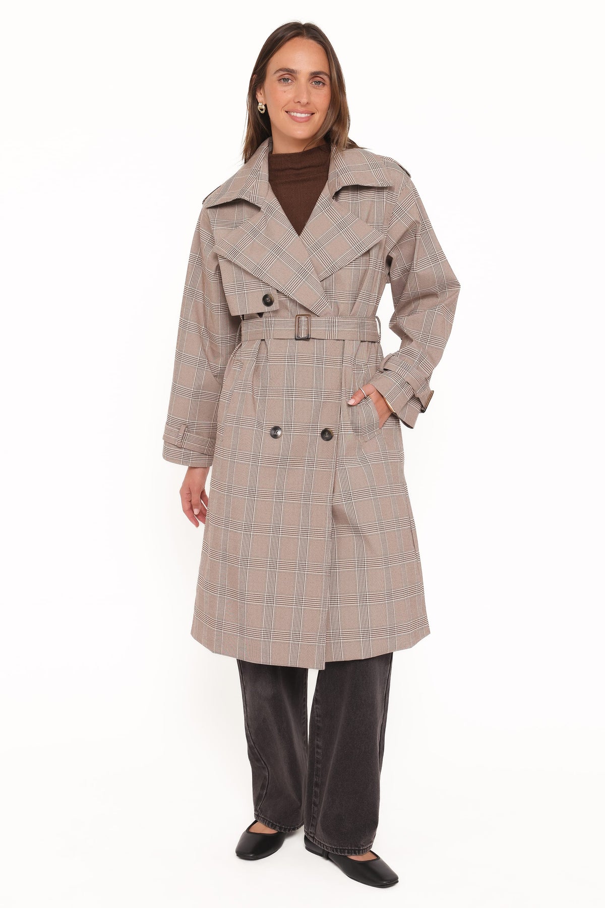Button Front Trench Coat - Brown Plaid