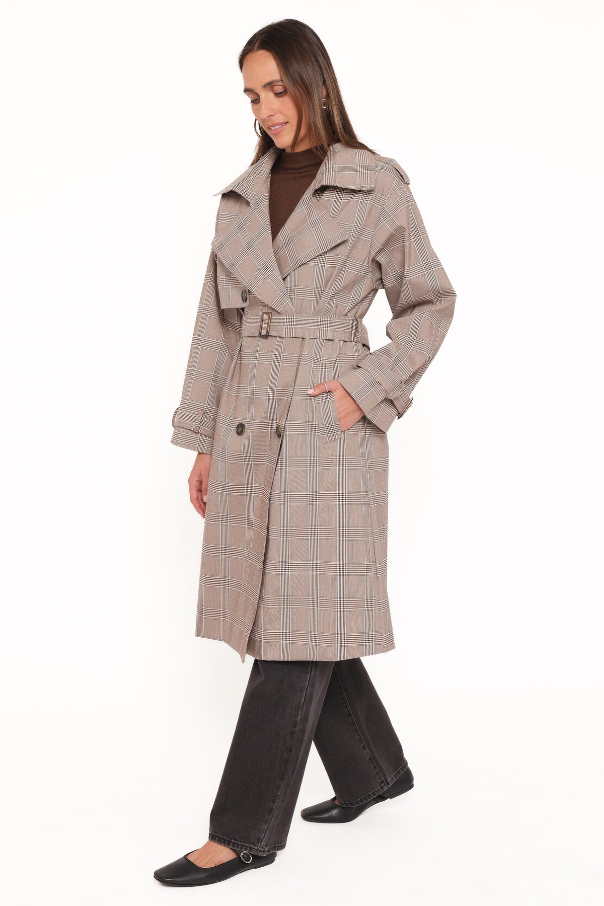 Button Front Trench Coat - Brown Plaid