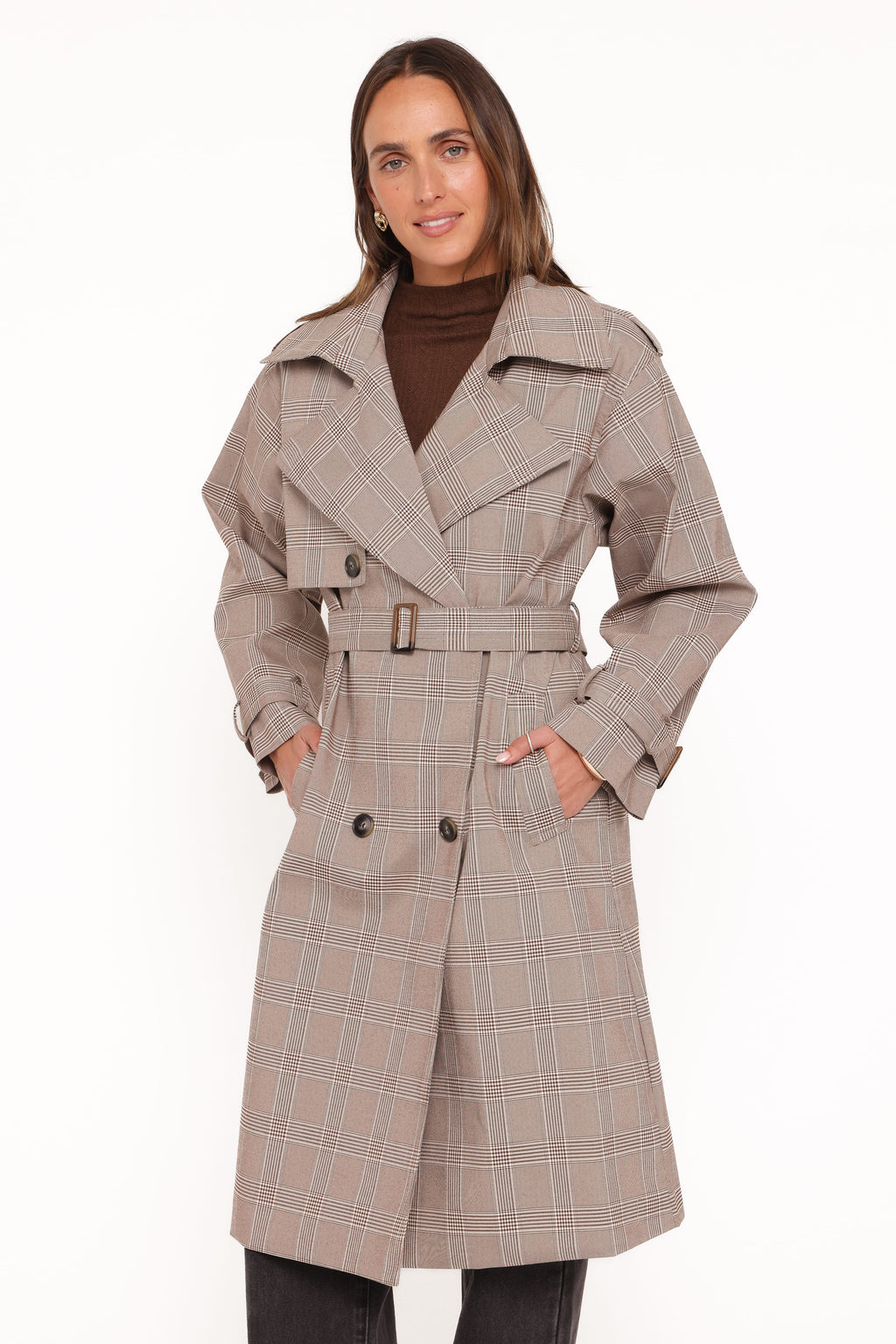 Button Front Trench Coat - Brown Plaid
