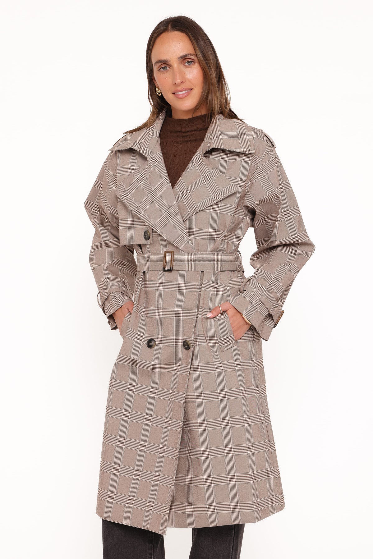 Button Front Trench Coat - Brown Plaid
