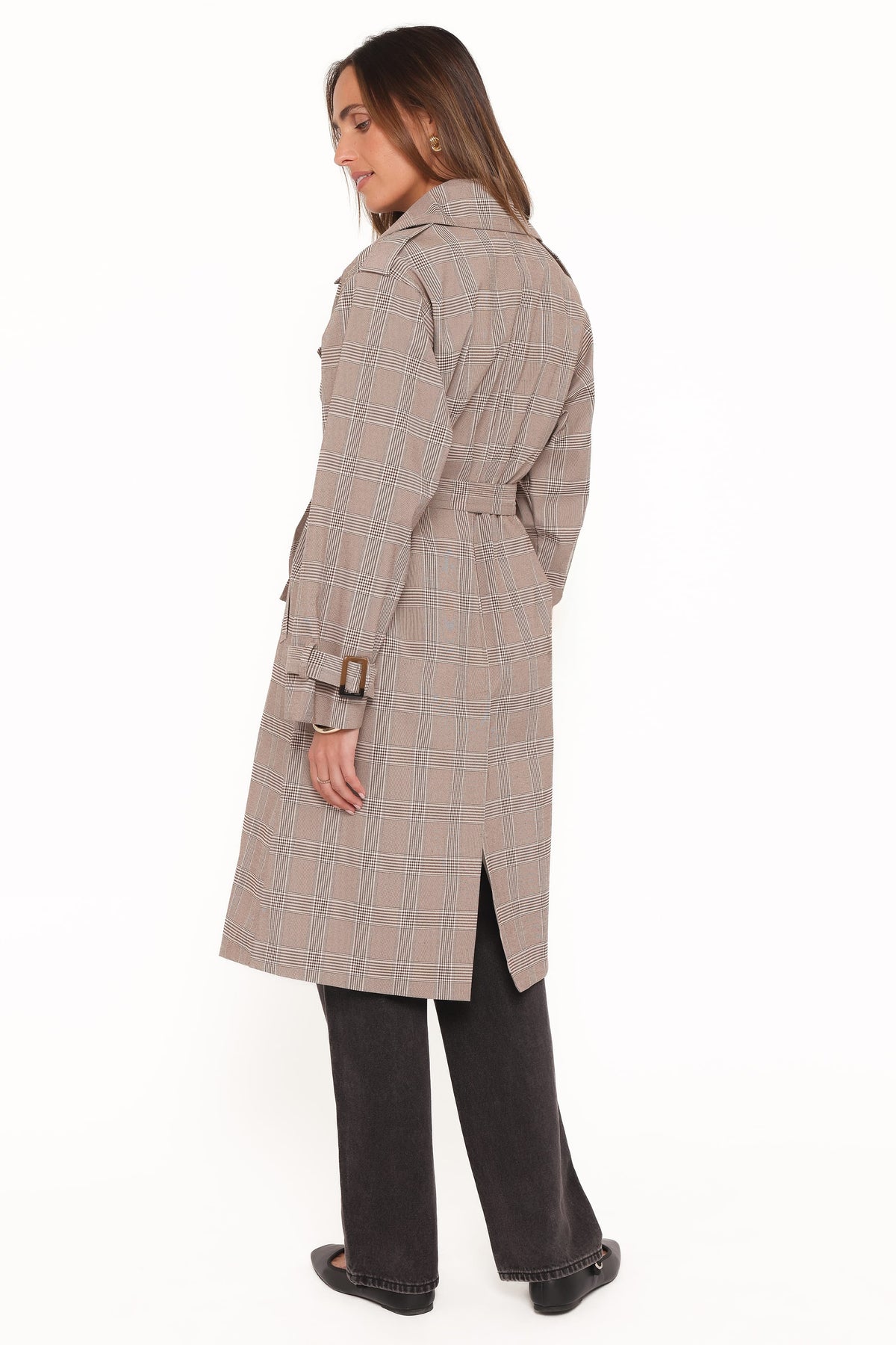 Button Front Trench Coat - Brown Plaid