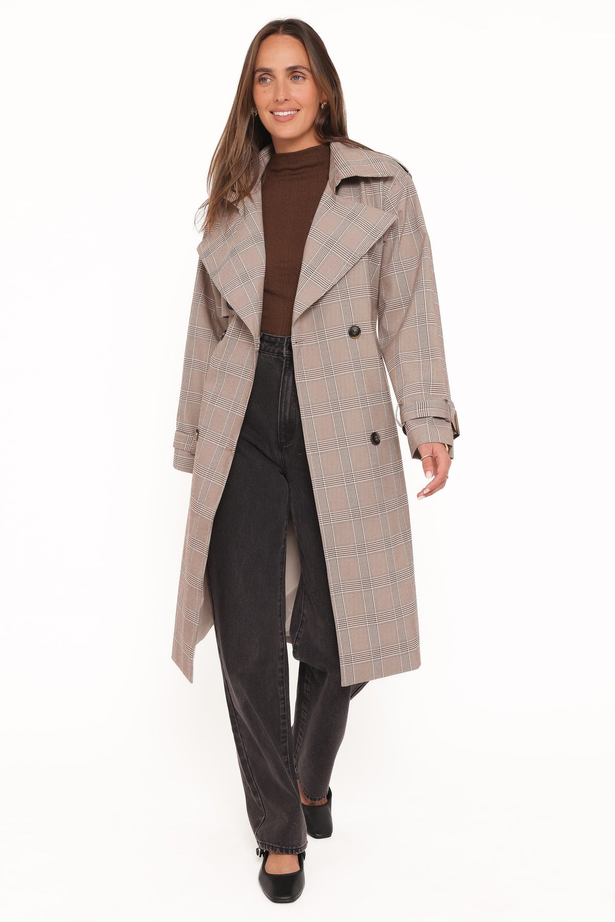 Button Front Trench Coat - Brown Plaid