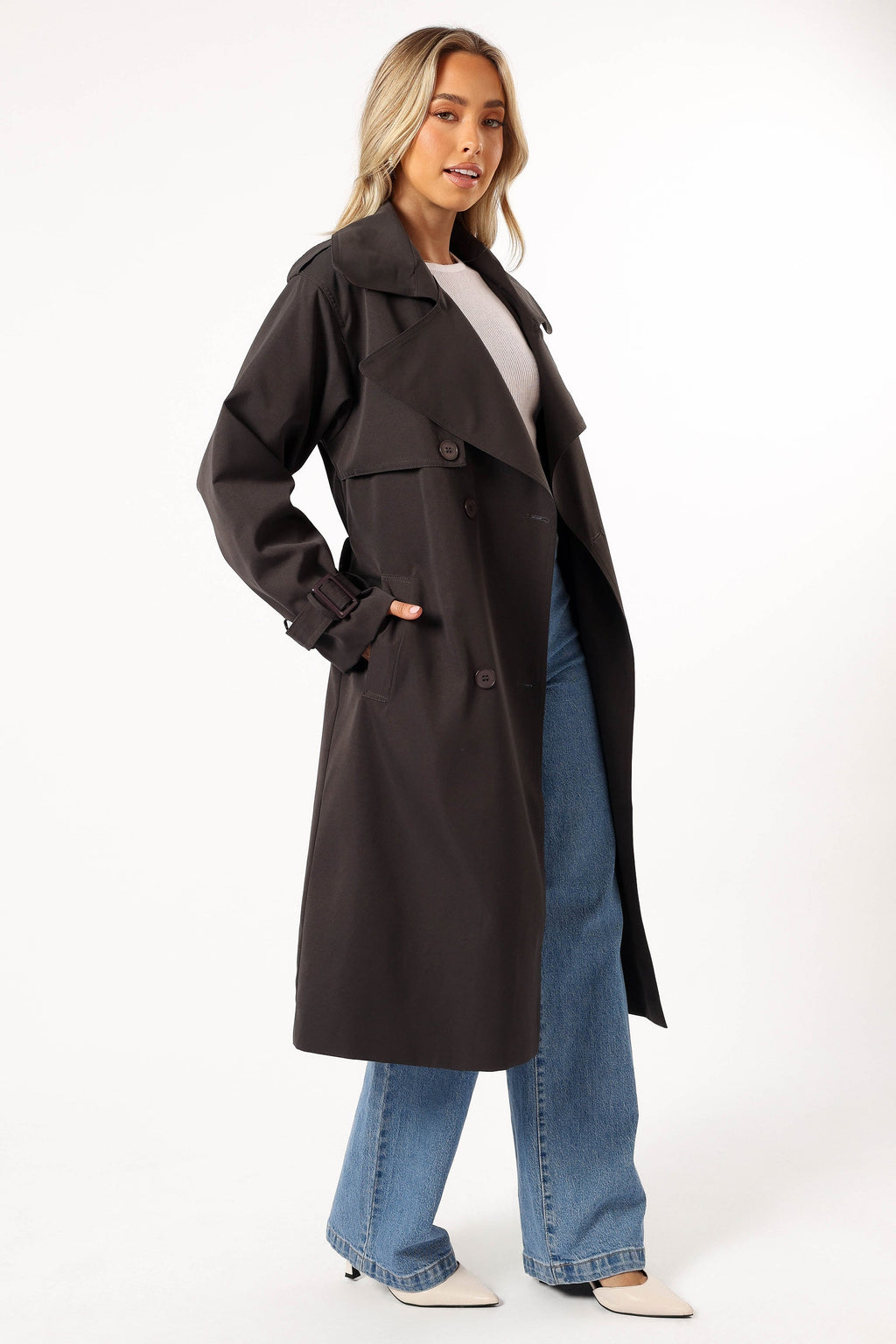 Button Front Trench Coat - Charcoal