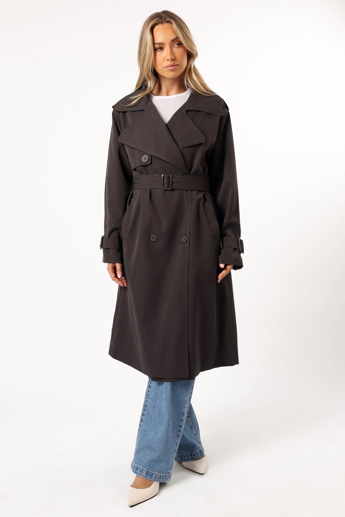 Button Front Trench Coat - Charcoal