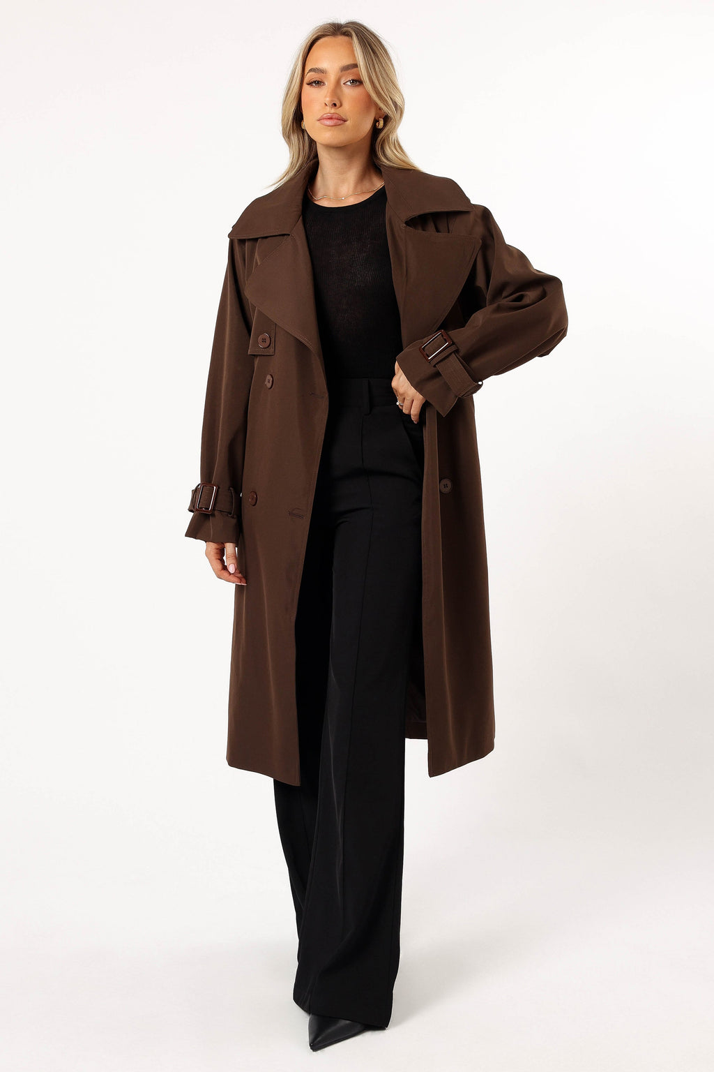 Button Front Trench Coat - Chocolate Brown